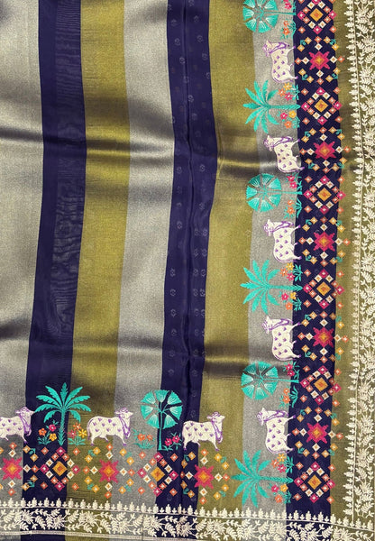 Satin Crepe Saree-Navy Blue In Komatha Floral Border
