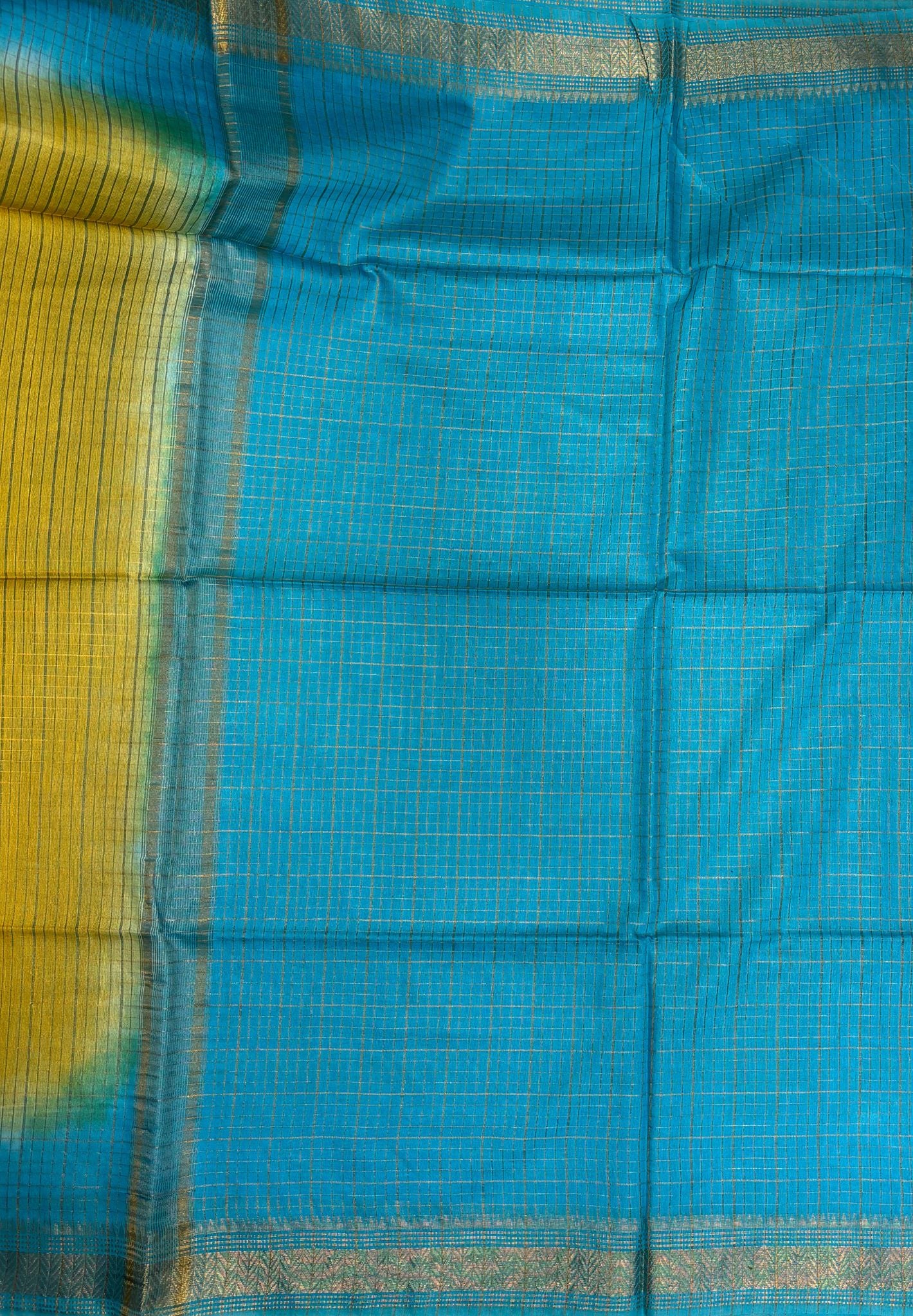 Semi Bhagalpur Tussar Saree-Yellow in Zari checks with Contrast Border