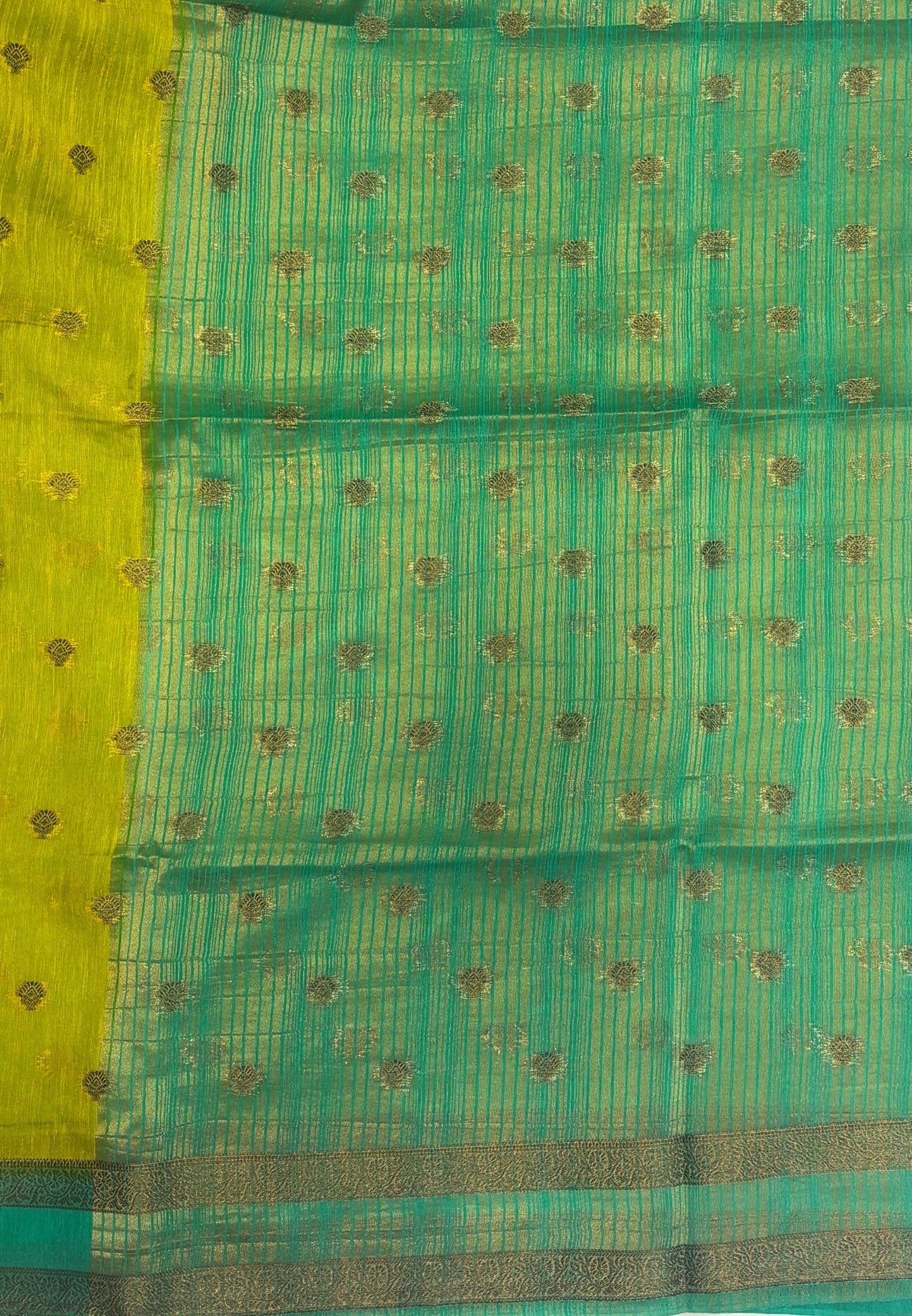 Soft Jute Saree-Lime Yellow-Teal Green With Rettapet Border