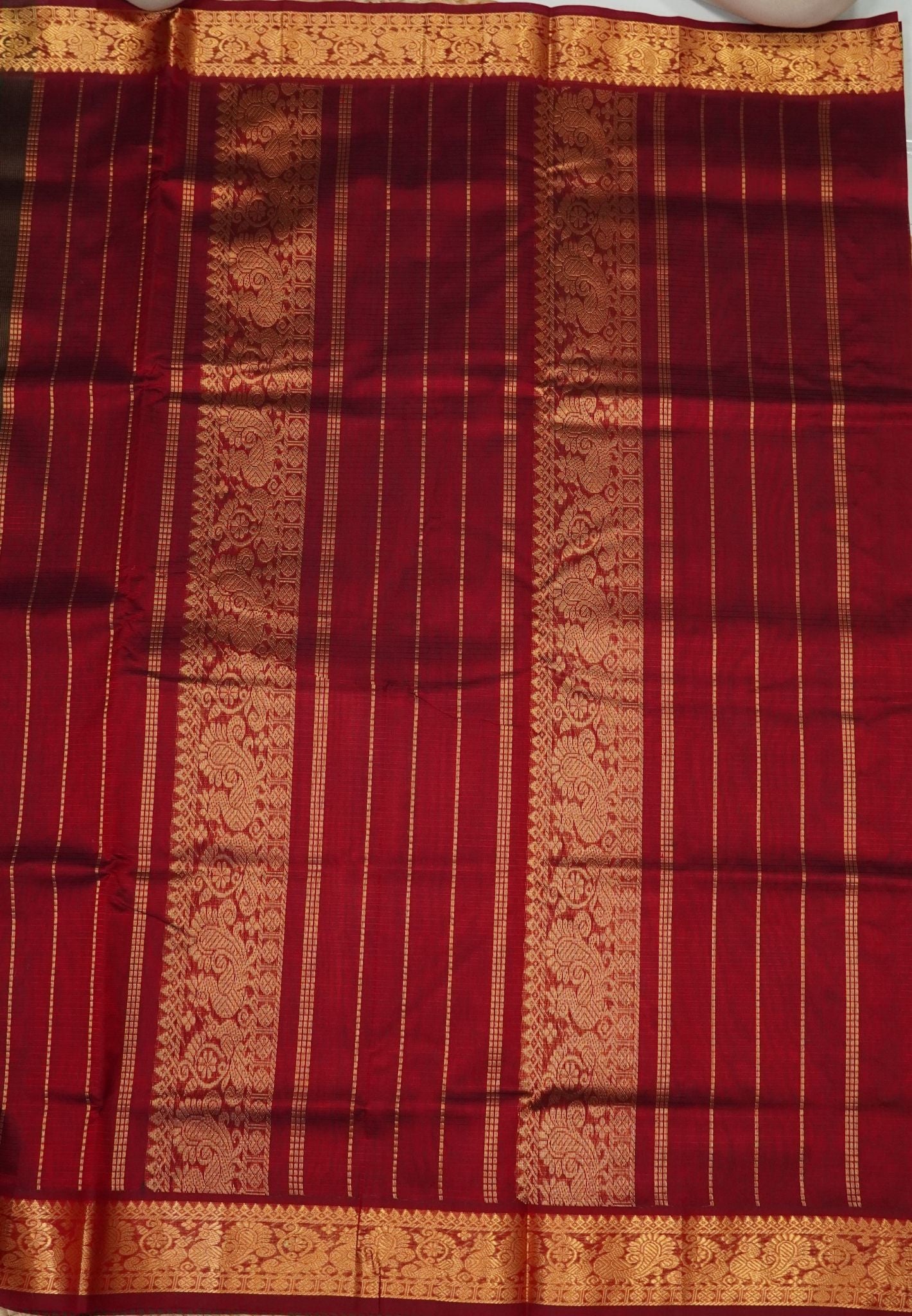 Pure Silk Cotton Saree-Maroon Stripes with Zari Woven Border