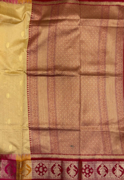 Raw Silk Saree-Sandel In Floral Medallion Brocade Border