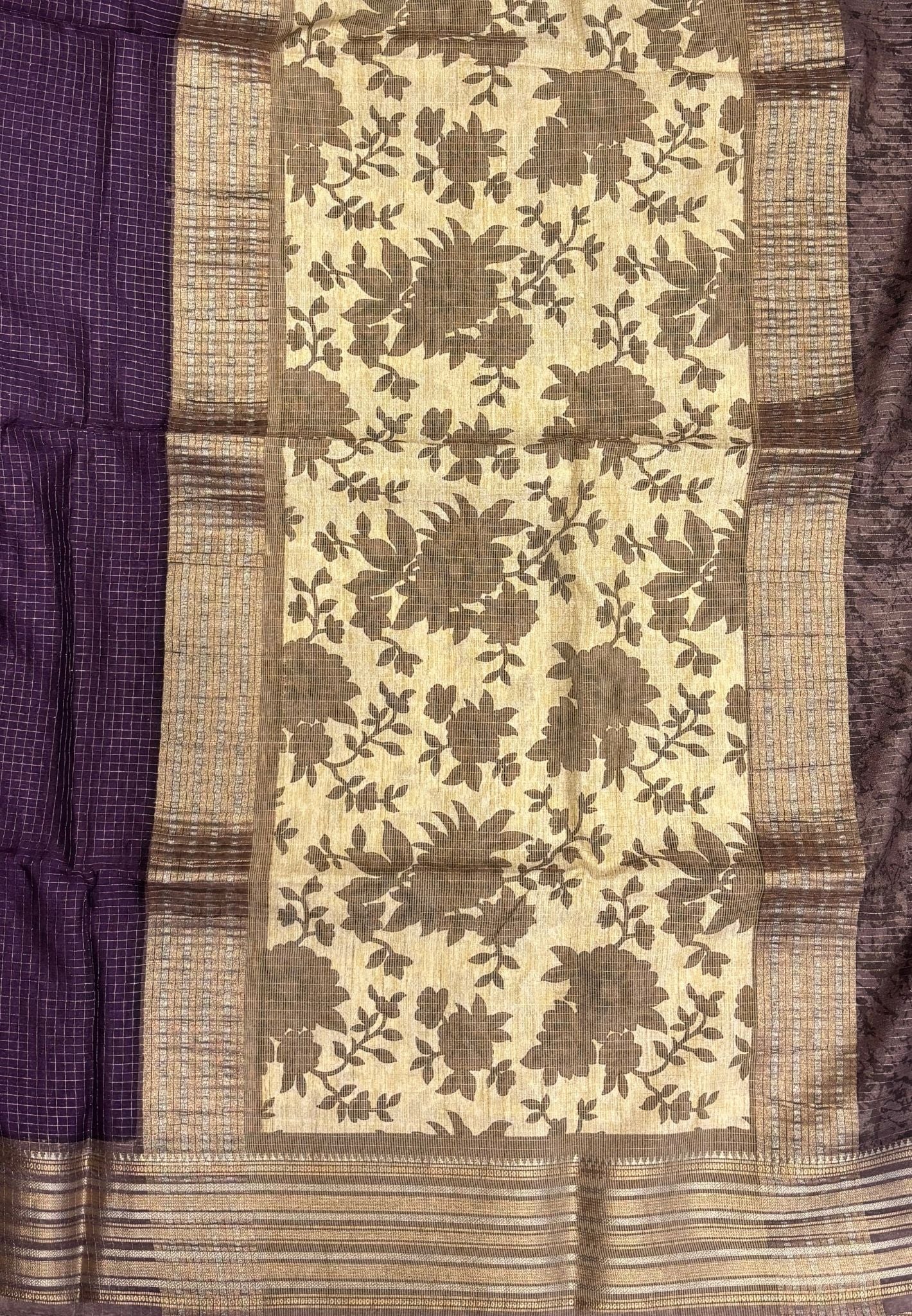 Muslin Tussar Saree-Purple In Floral Vine Border