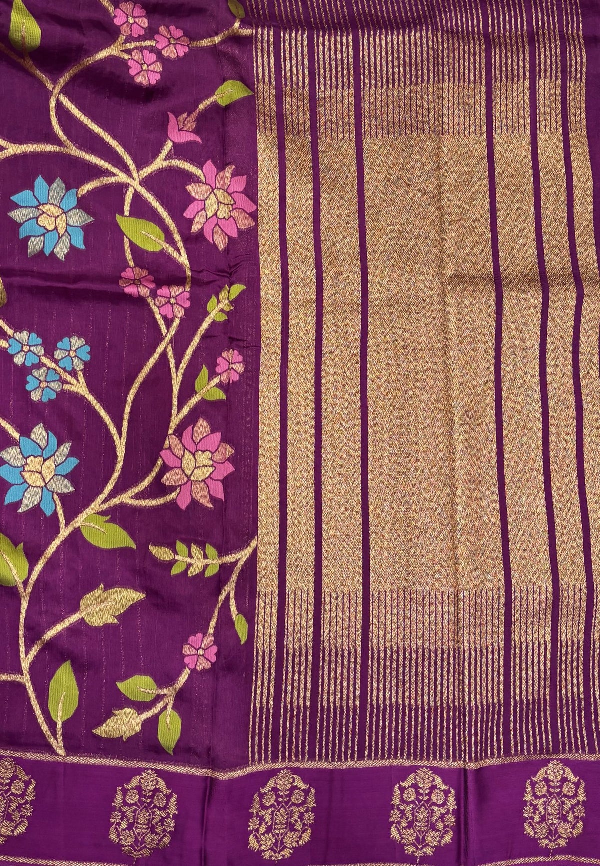 Kattan Silk Saree-Purple in Floral Vine Zari Border