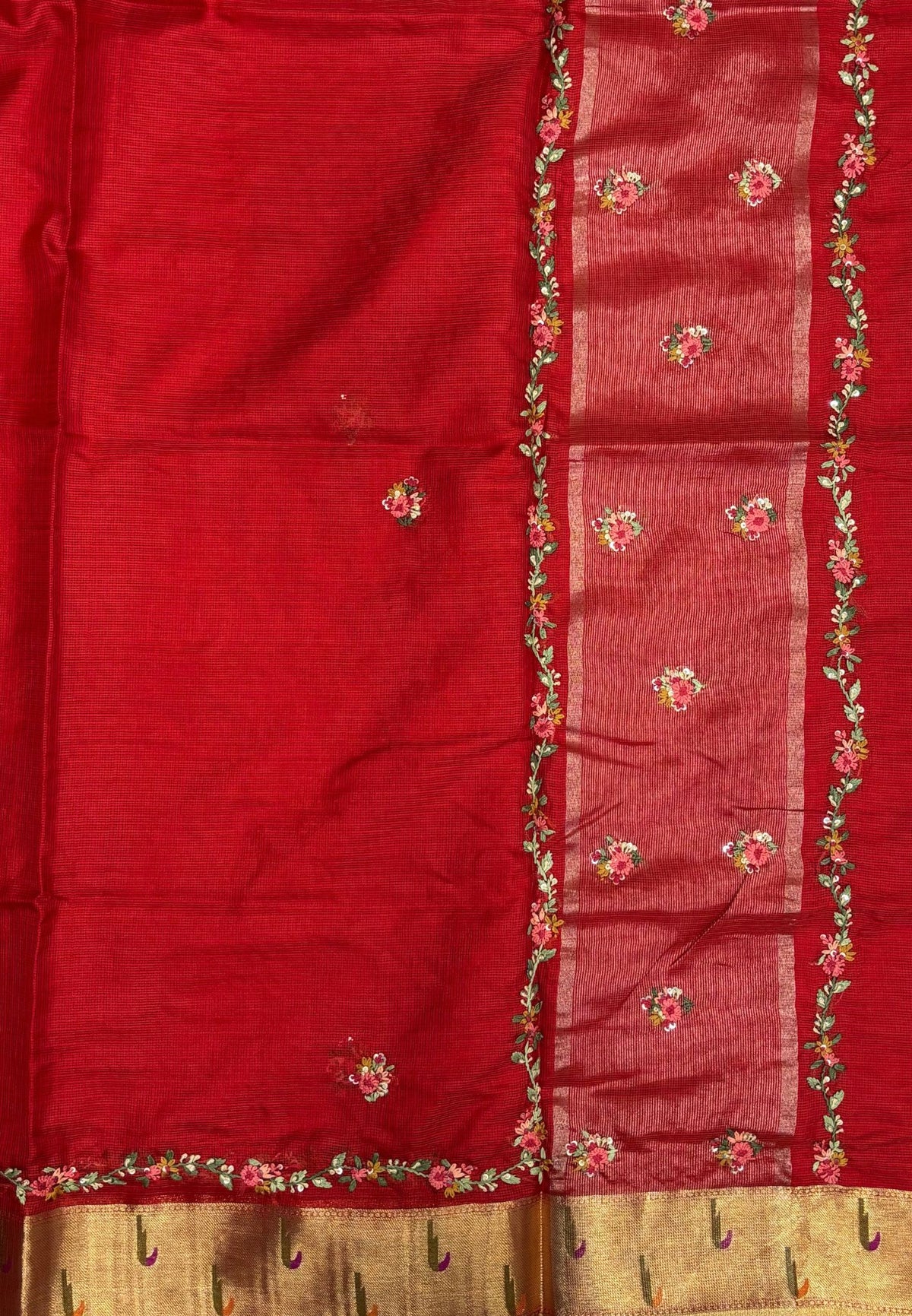 Kota Saree-Red In Floral Zari Vine Border