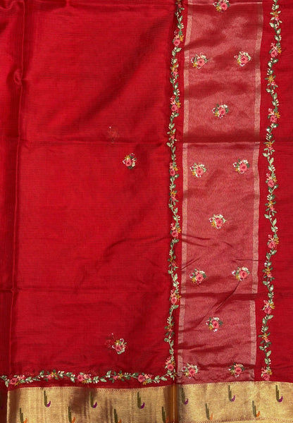 Kota Saree-Red In Floral Zari Vine Border