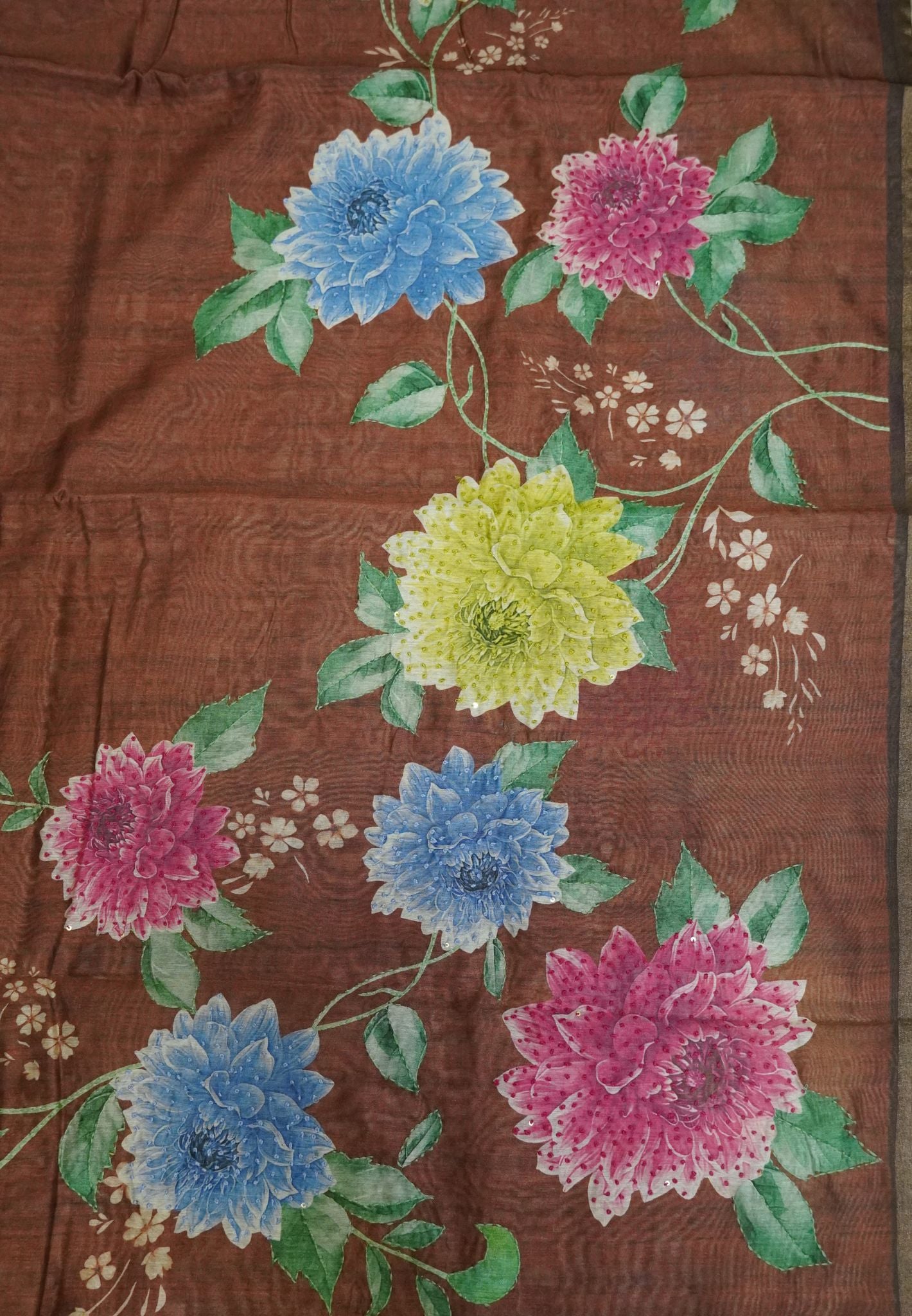 Chanderi Saree-Brown with French Knot and Kantha Work