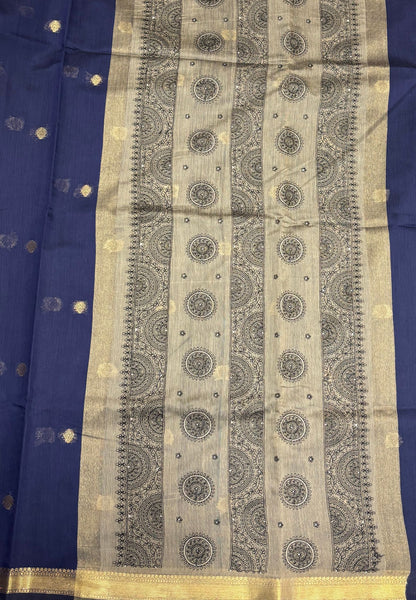 Handloom Cotton Saree-Blue in Mini Chakra Zari Border