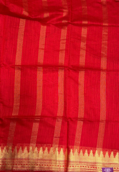 Handloom Silk Cotton Saree-Red in Temple Tower Zari Border