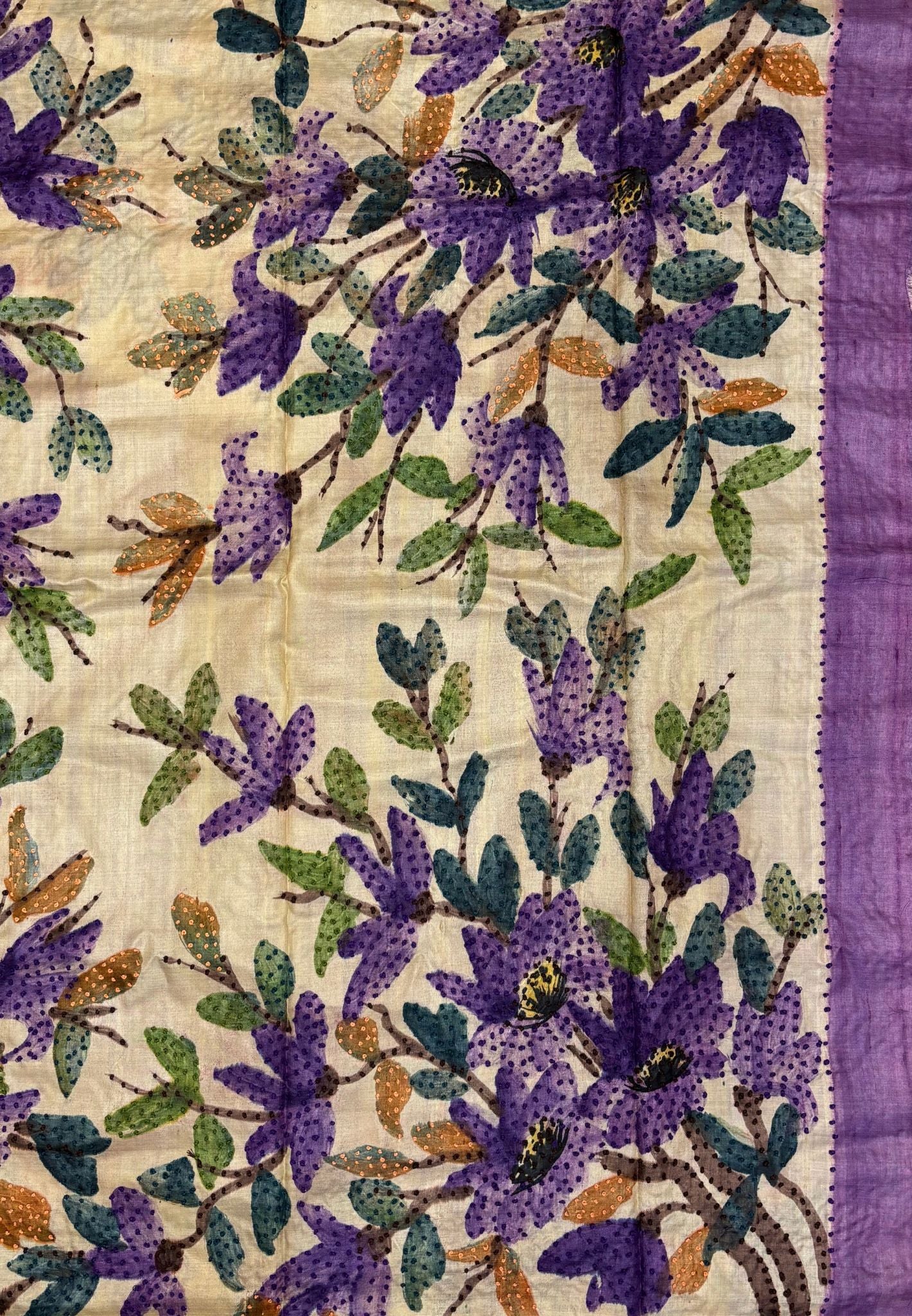 Pure Tussar Saree-Purple In Stripe French Knot Border