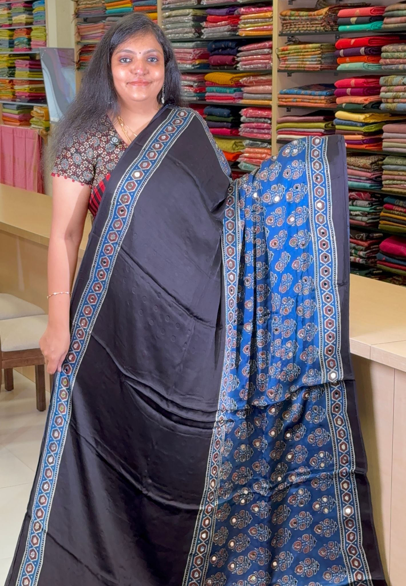 Pure Modal Silk Saree-Original Mirror Work &Traditional Printed Motifs - Black with Blue