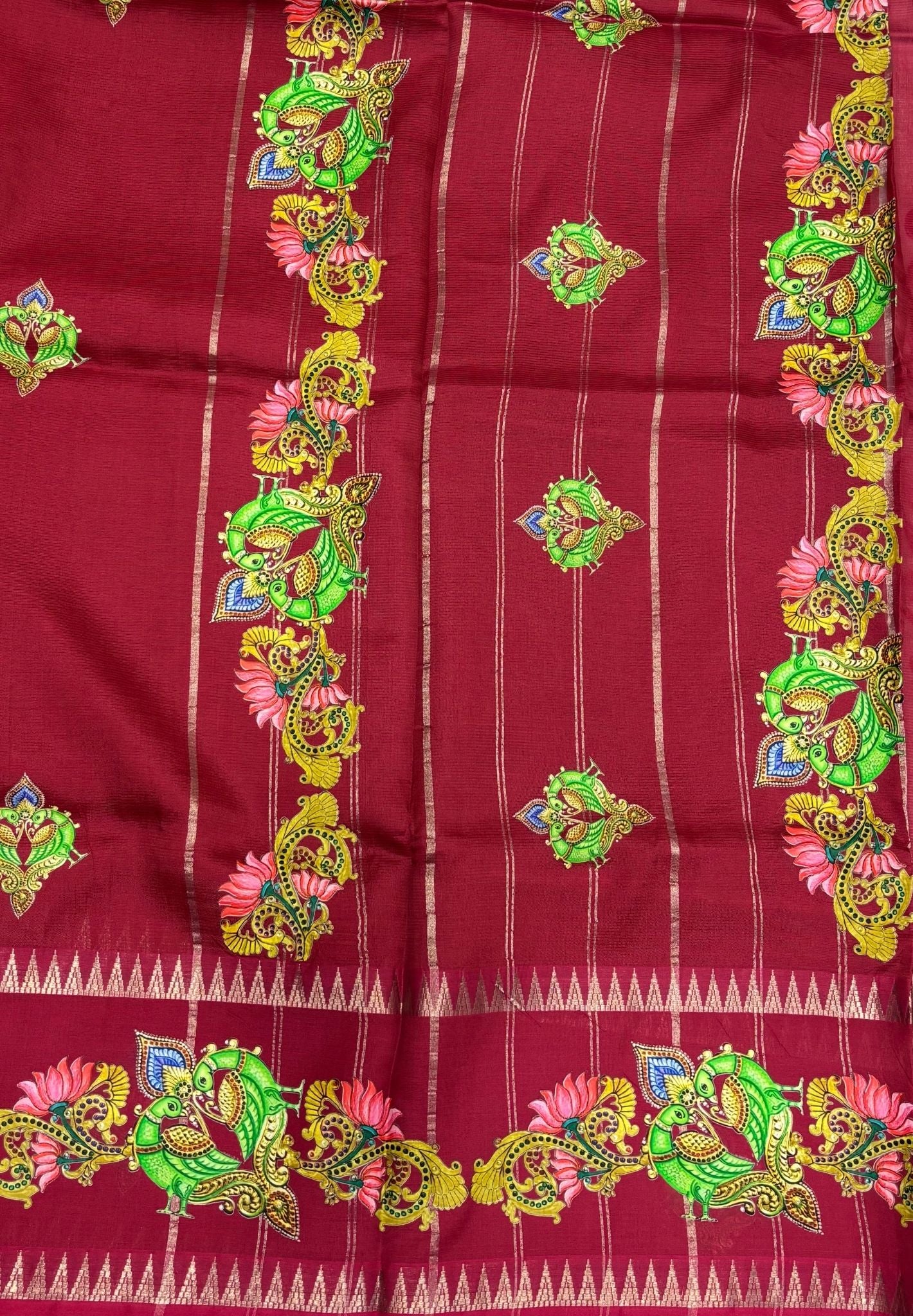 Pure Mangalgiri Silk Saree-Maroon Temple with Tanjore Print