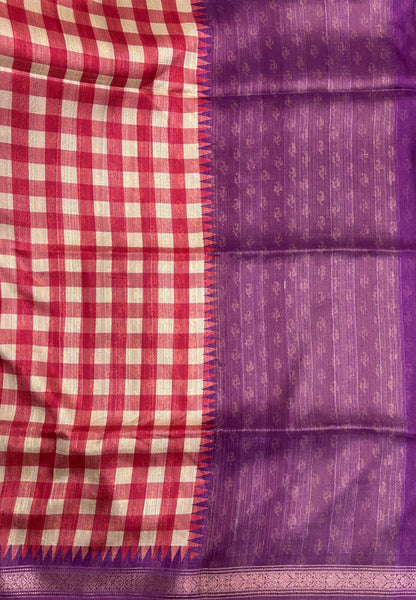 Matka Tussar saree-Red in Checked Pattern with Temple Zari Border
