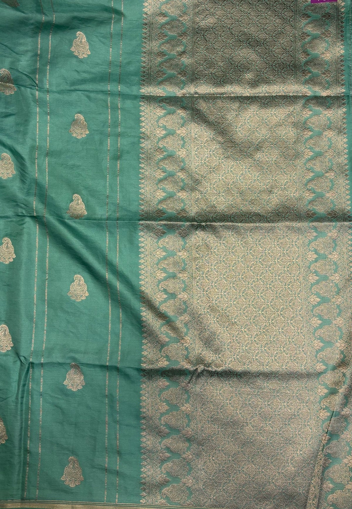 Gaji Silk Saree-Sea Foam in Paisley Jhumka Zari Border