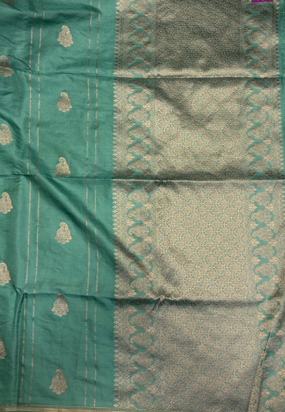 Gaji Silk Saree-Sea Foam in Paisley Jhumka Zari Border