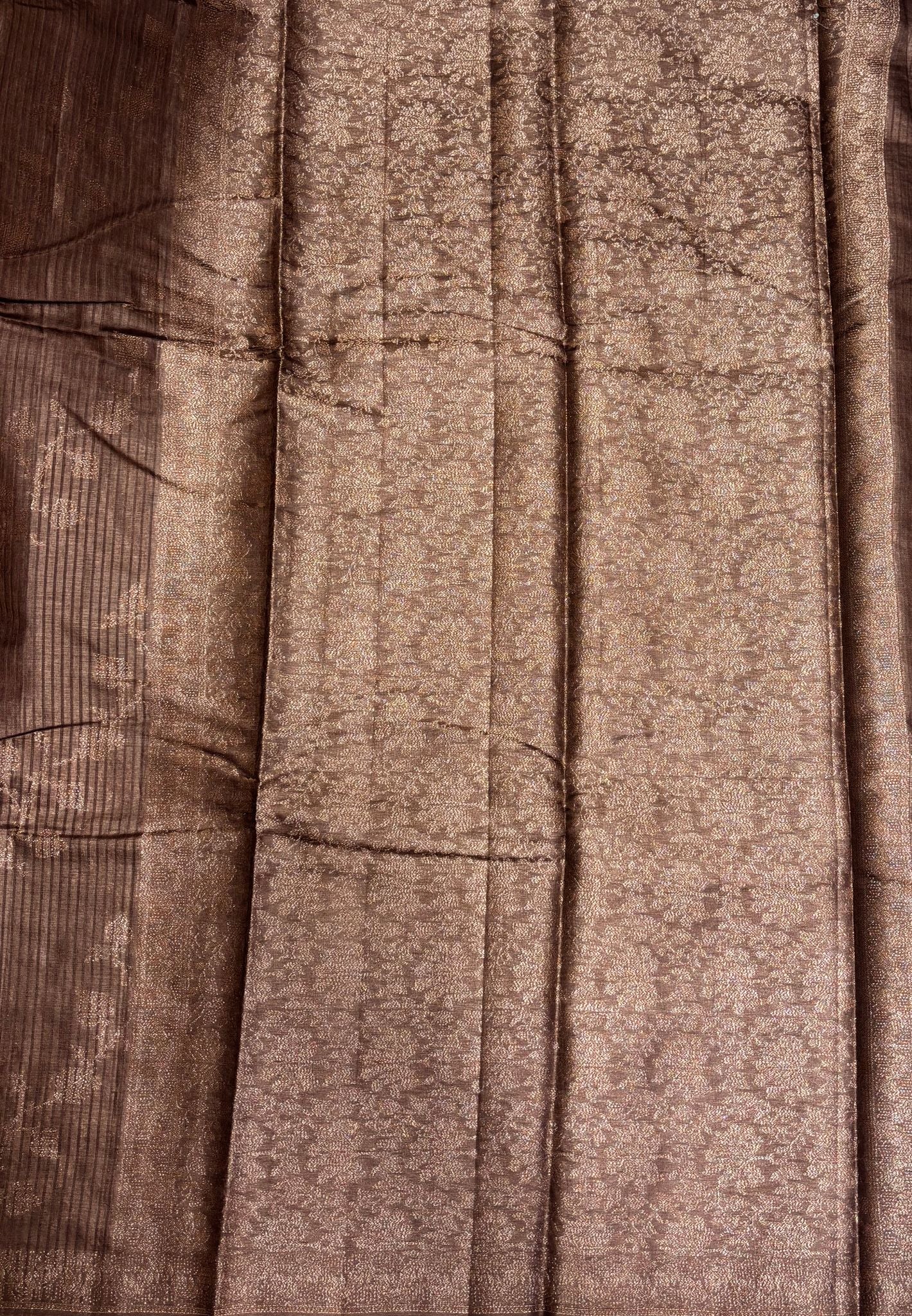 Pure Tussar Saree-Brown in Floral Vine Brocade Border