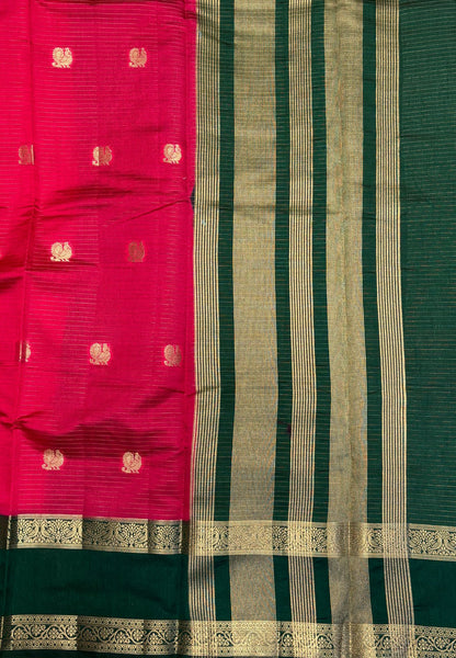 Semi Tussar Saree-Rani Pink in Traditional Floral Zari Stripe with Contrast Border