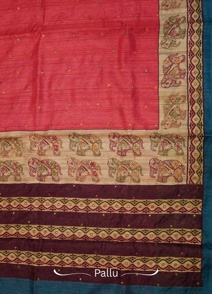 Semi Tussar Saree –  Peach Pink Elephant Design