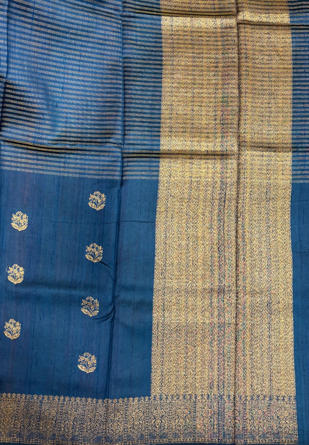 Pure Handloom Tussar Saree-Peacock Blue in Intricate Floral Zari Border