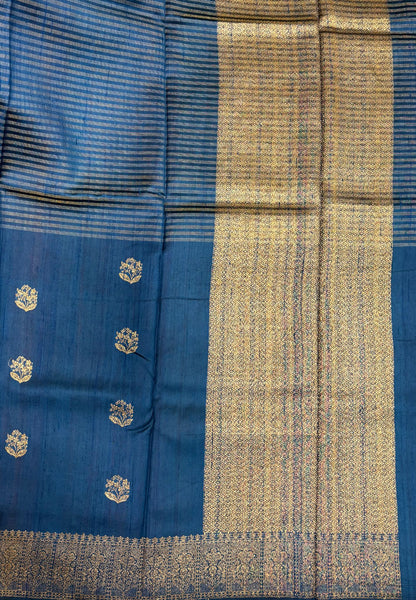 Pure Handloom Tussar Saree-Peacock Blue in Intricate Floral Zari Border