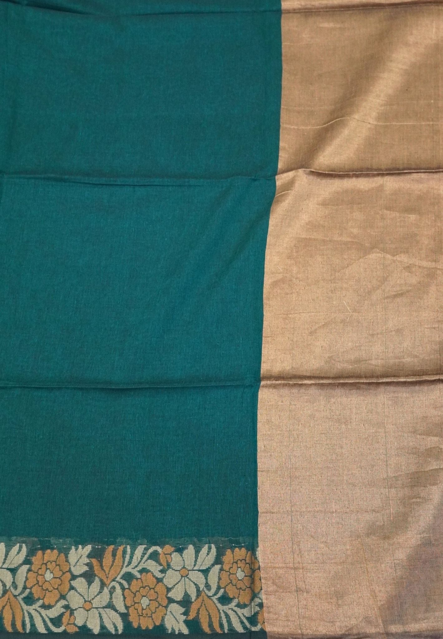Handloom Cotton Saree-Peacock Green Marigold Floral Jamdhani Border