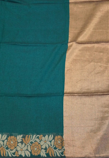 Handloom Cotton Saree-Peacock Green Marigold Floral Jamdhani Border