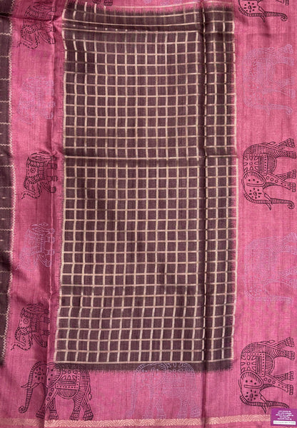 Semi Tussar Saree-Brown in Traditional Elephant Motif Zari with Contrast Border
