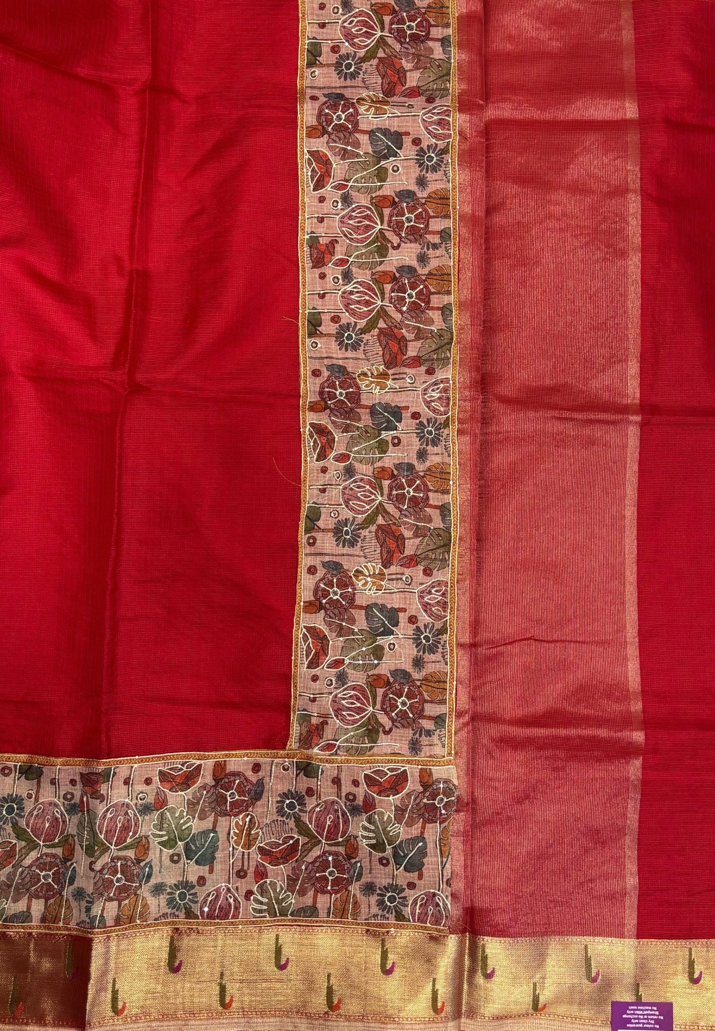 Silk Kota Saree-Red In Kalamkari Embroidery Border