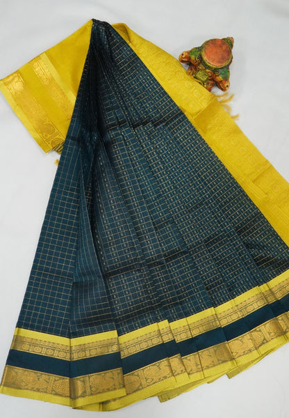 Pure Silk Cotton Saree-Peacock Blue in Golden Zari Checks with Contrast Border