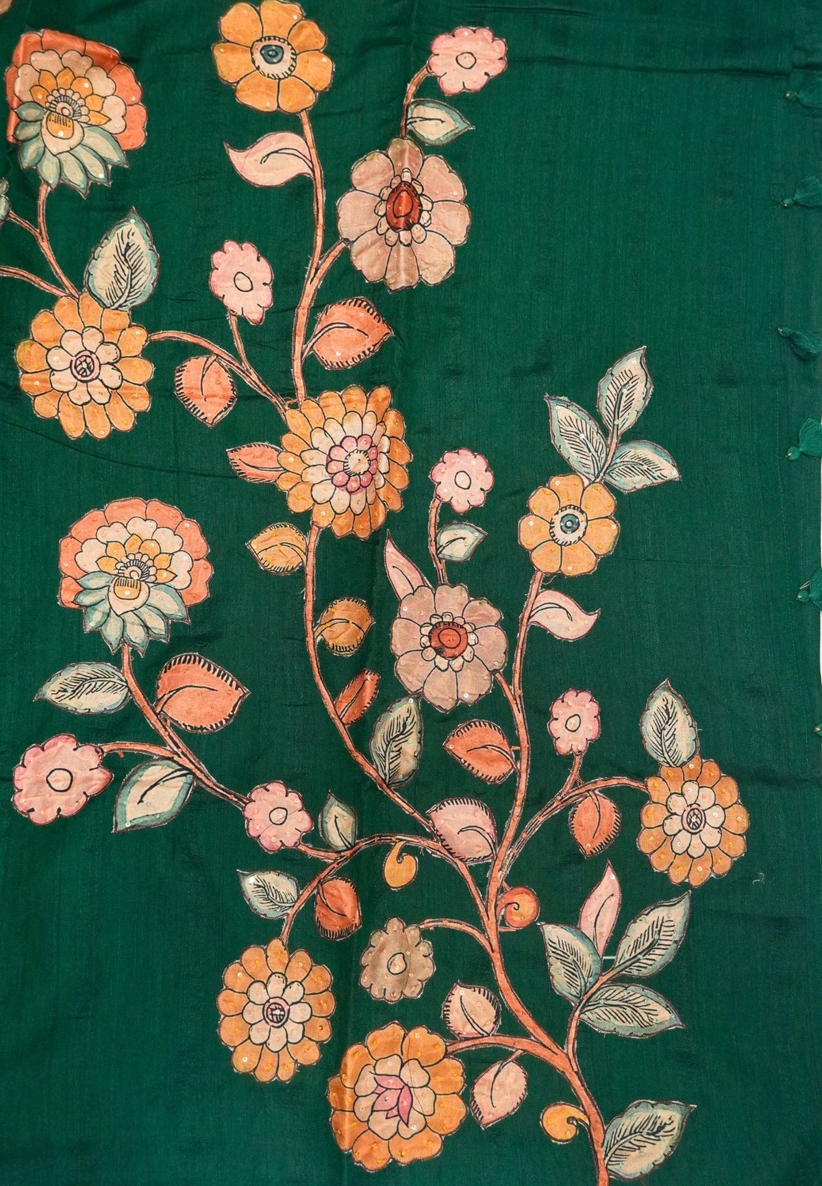 Semi Raw Silk Saree - Green With Floral Hand-Painted Designs