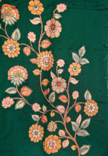 Semi Raw Silk Saree - Green With Floral Hand-Painted Designs