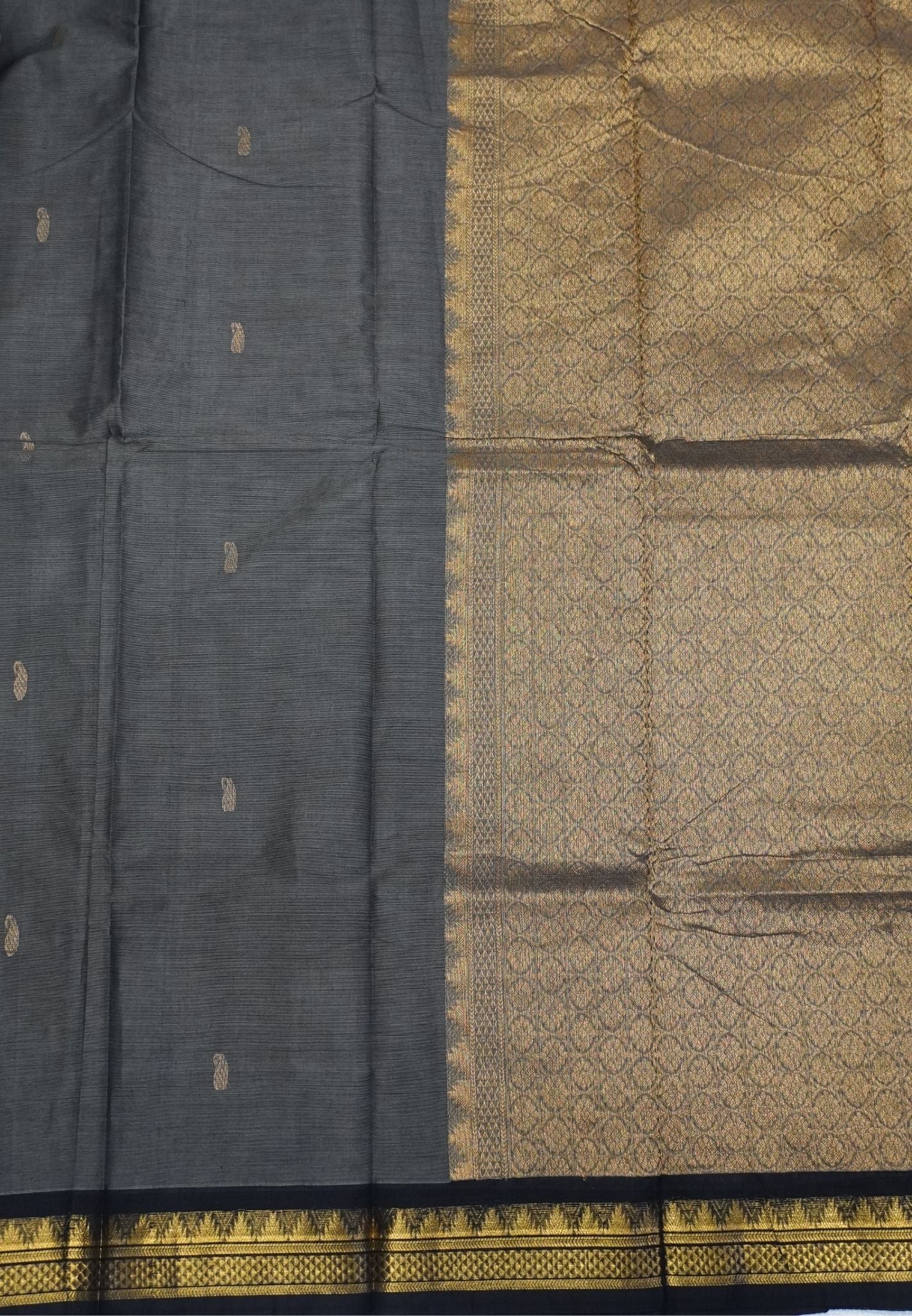 Chettinadu Cotton Saree-Elephant Grey with Contrast Black Zari Border & Gold Mango Buttas