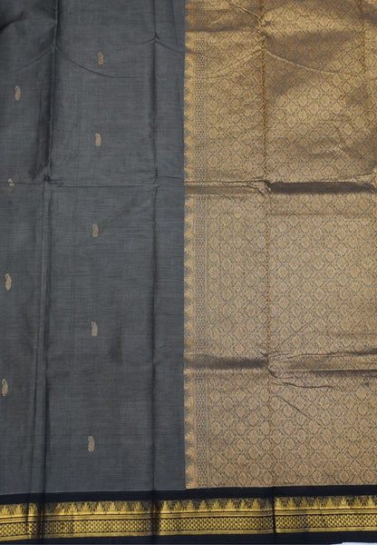 Chettinadu Cotton Saree-Elephant Grey with Contrast Black Zari Border & Gold Mango Buttas