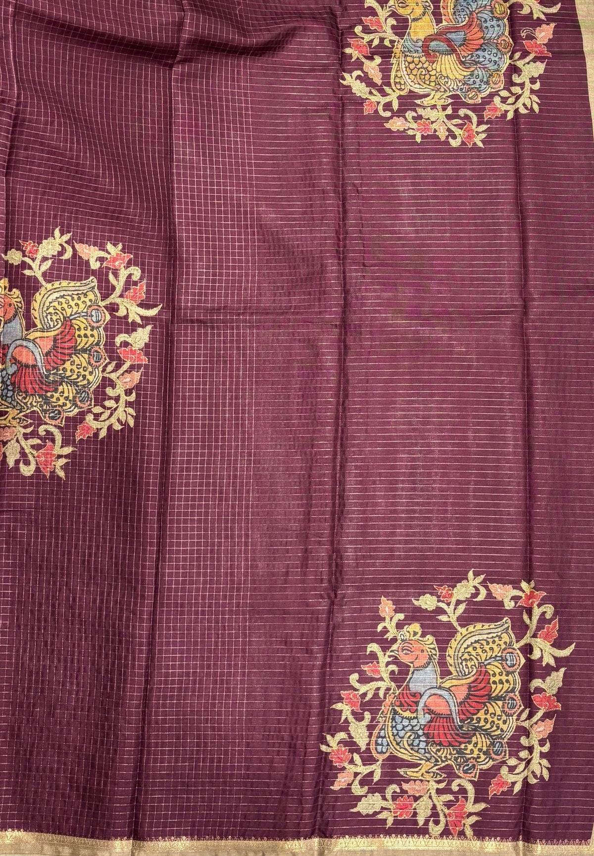 Soft Tussar Saree-Wine In Kalamkari Peacock Border