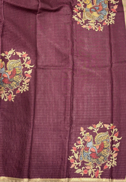 Soft Tussar Saree-Wine In Kalamkari Peacock Border