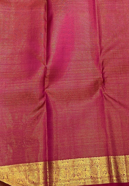 Pure Kanchipuram Silk Saree-Rani Pink in Vairaoosi Pattern with Mayil Chakram Buttas