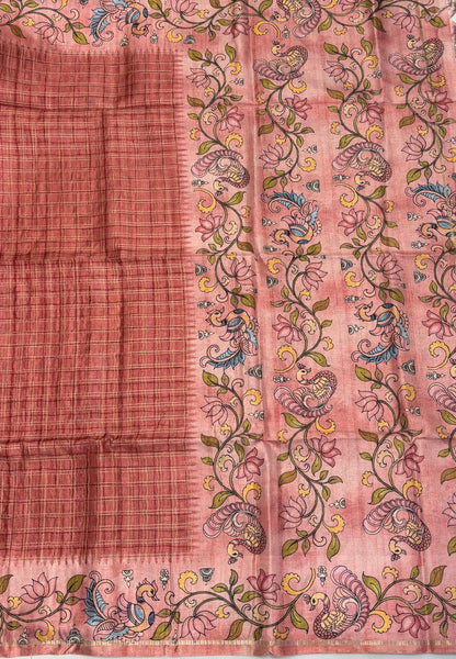 Matka Tussar Saree-Coral Red with Kalamkari Border