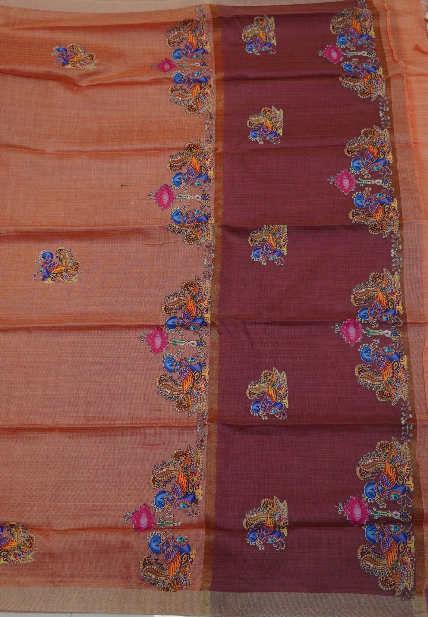 Cora Linen Saree- Pale Orange with Tanjore Print