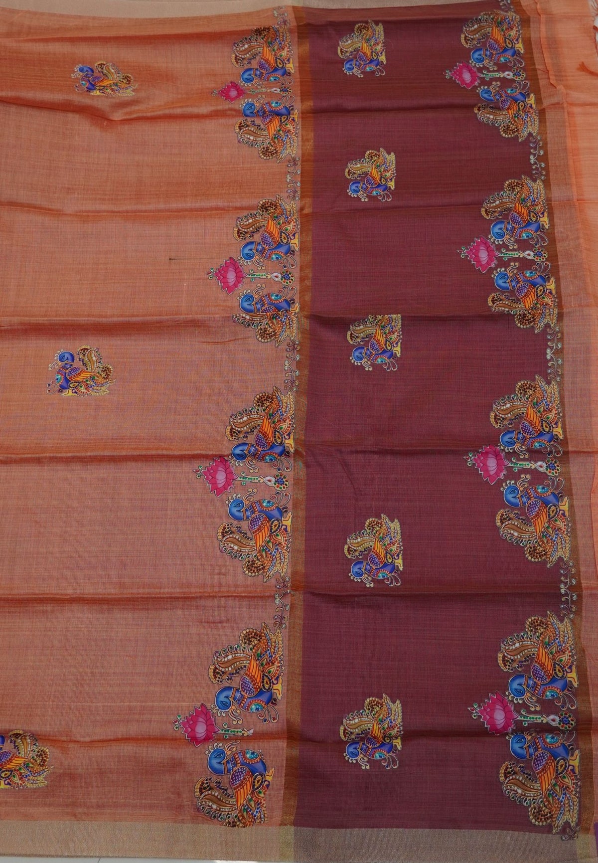 Cora Linen Saree- Pale Orange with Tanjore Print