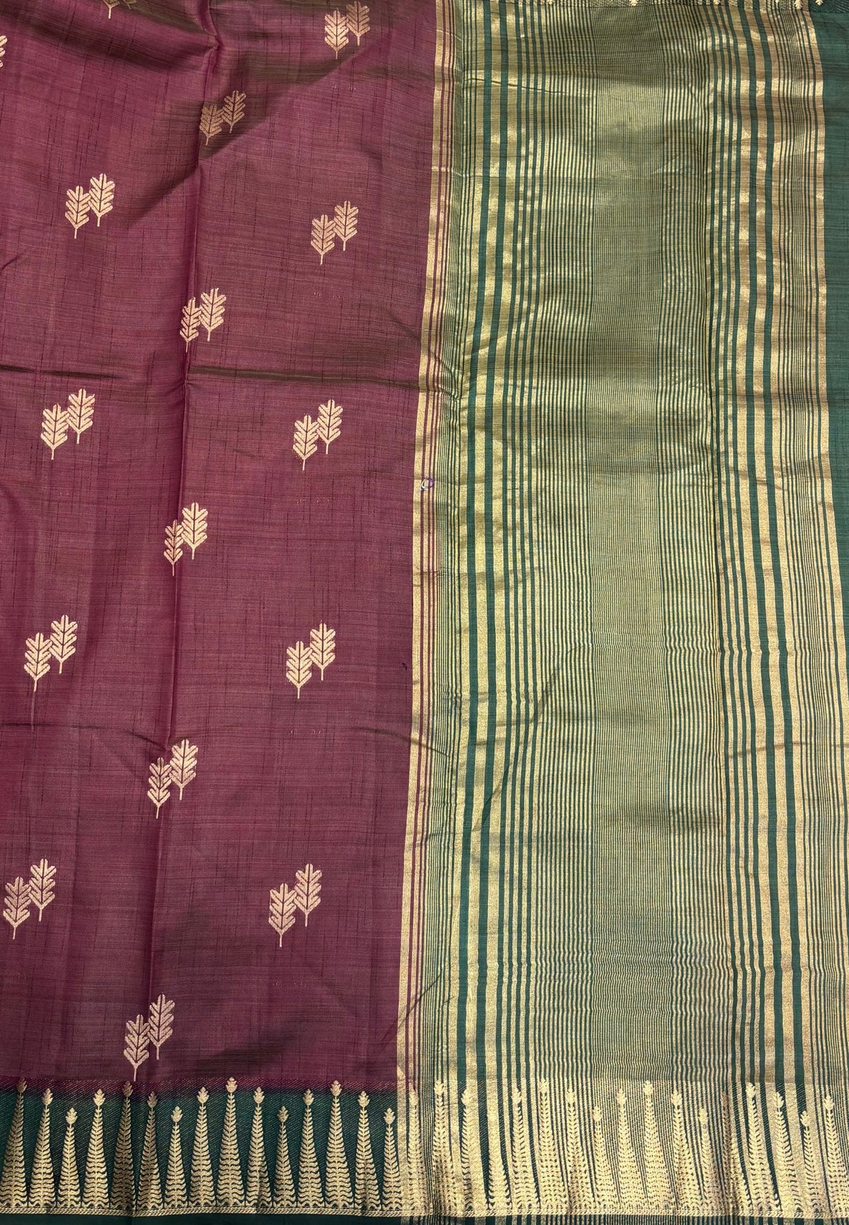 Semi Tussar Saree-Dusky Wine in Traditional Striped Zari with Contrast Border