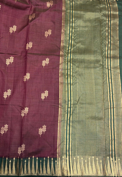 Semi Tussar Saree-Dusky Wine in Traditional Striped Zari with Contrast Border