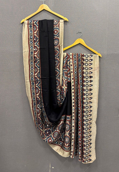 Pure Modal Silk Saree-Black Original Mirror Work & Ajrakh Printed Motifs