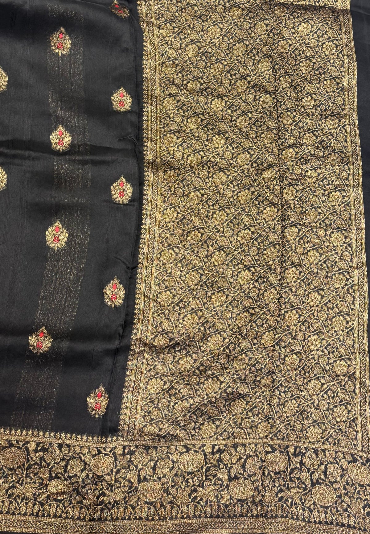 Banarasi Tussar Saree-Black in Floral Brocade Zari Border
