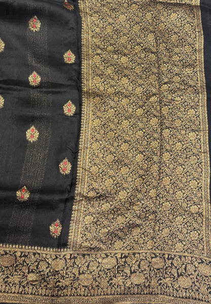 Banarasi Tussar Saree-Black in Floral Brocade Zari Border