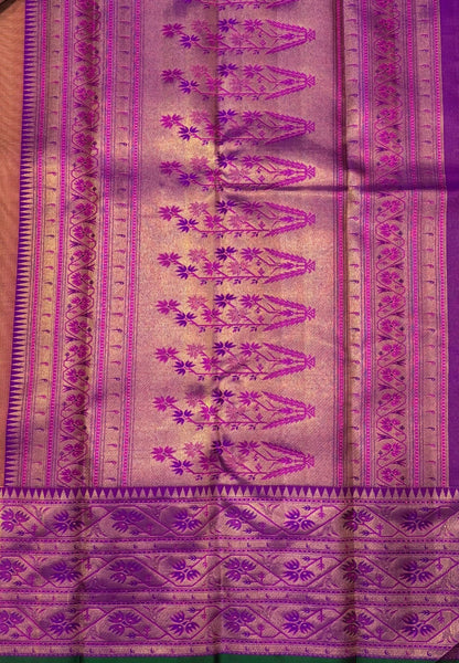 Pure Kanchipuram Silk Saree-Yellow in Floral Geometric Panel Zari with Contrast Border