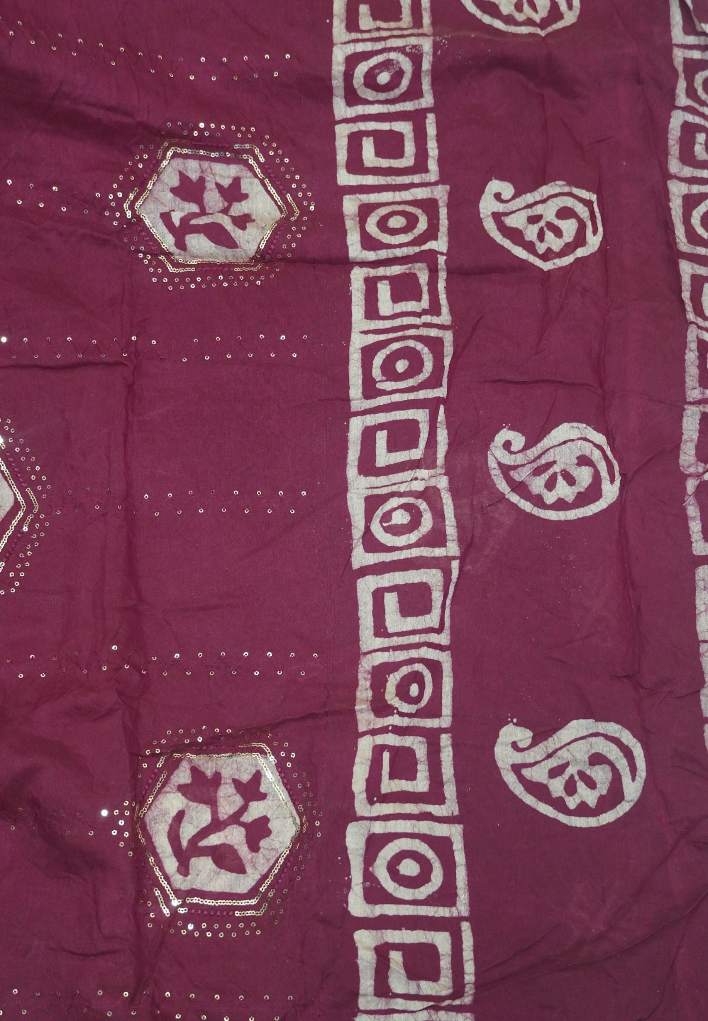 Batick Cotton Saree- Maroon with Sequence Work