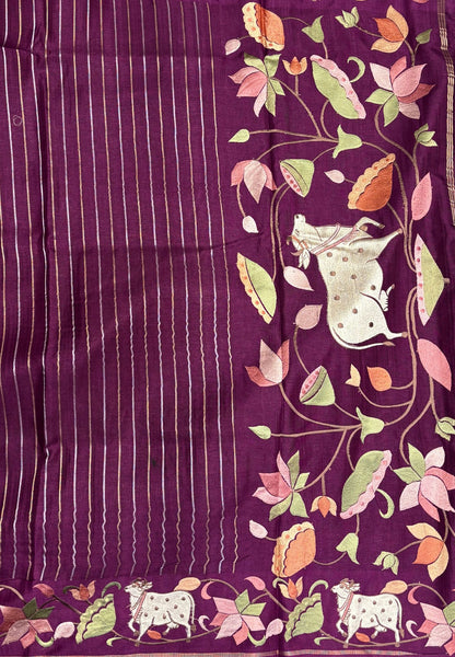 Tussar Saree-Wine with Zari Stripes in Pichwai Embroidery Border
