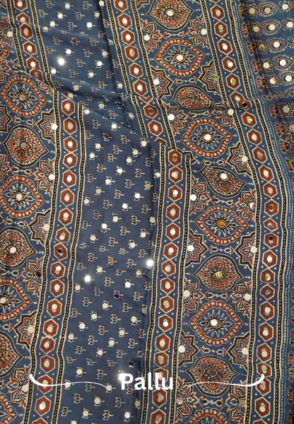 Pure Modal Silk Saree-Original Mirror Work &Traditional Printed Motifs - Black with Blue