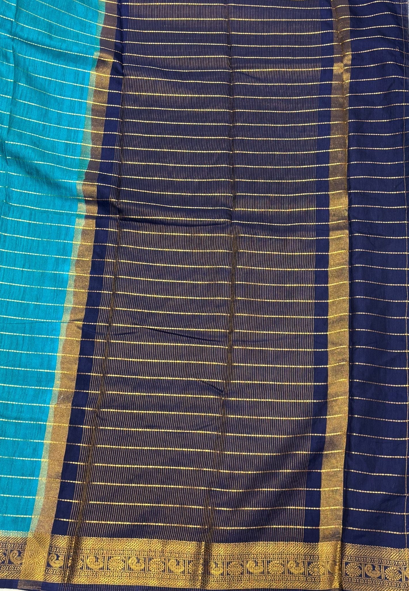 Semi Raw Silk Saree-Ramar Blue in Zari Lines with Contrast Annam Border
