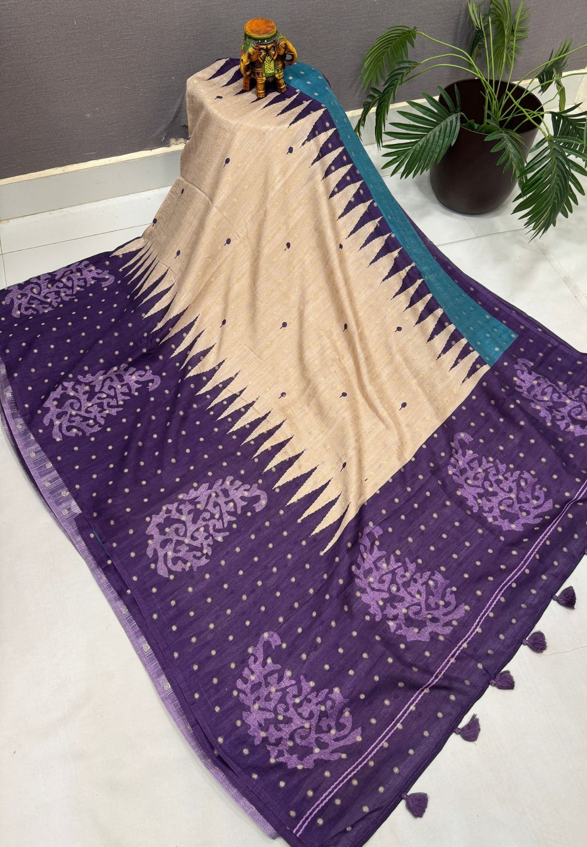 Soft Tussar Saree-Beige-Purple In Zigzag Temple Inspired Border