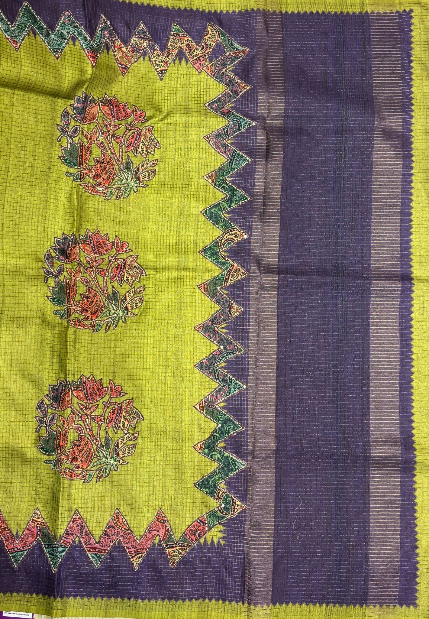 Semi Tussar Saree-Olive Green in Zigzag Tribal Pattern Border